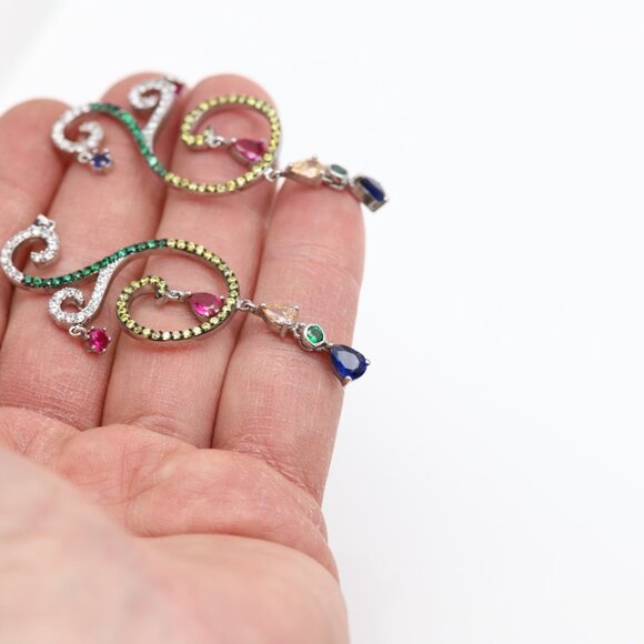 Large Dangle Earrings Sterling Silver Multi Color Stones Chandelier Earring - Picture 6 of 7